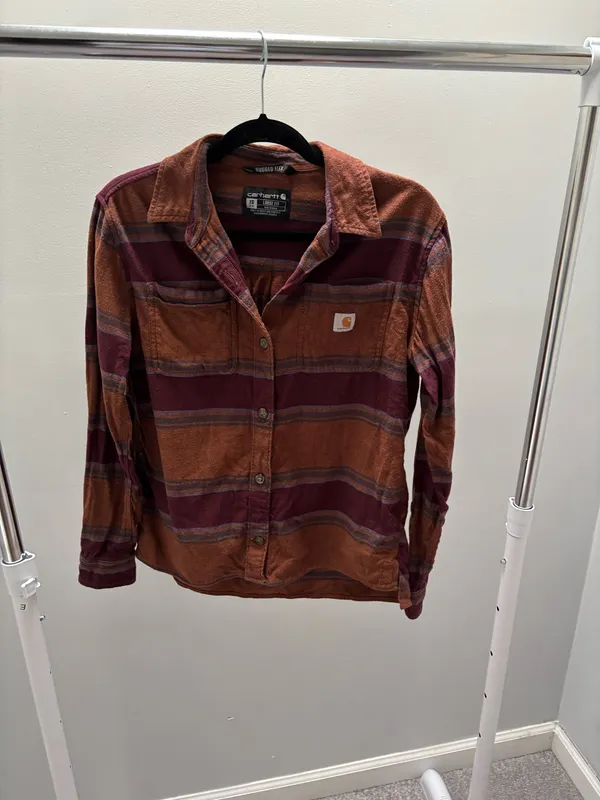 Carhartt Rugged Women’s Flex Maroon, Brown, and Gray Striped Flannel Shirt - Image 2