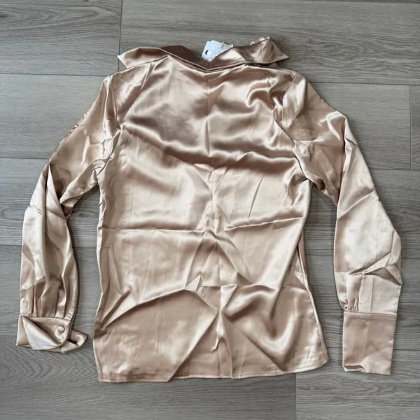 Commense Elegant Satin Old Money Pleated Long Sleeve Blouse Champagne Small - Image 3