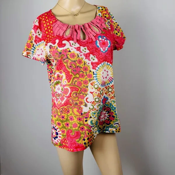 J. Crew Boho Printed Blouse Size 6 Multicolor Cotton Ramie Pleated‎ Keyhole Neck - Image 2