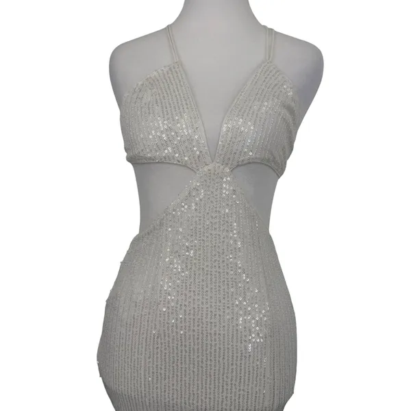 Hello Molly White Sequin‎ Cutout Midi Dress V-Neck Tie Back Formal Gown XS US 2 - Image 3