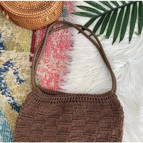 Vintage No Brand Neutral Brown Boho Knit Shoulder Bag Purse - Image 2