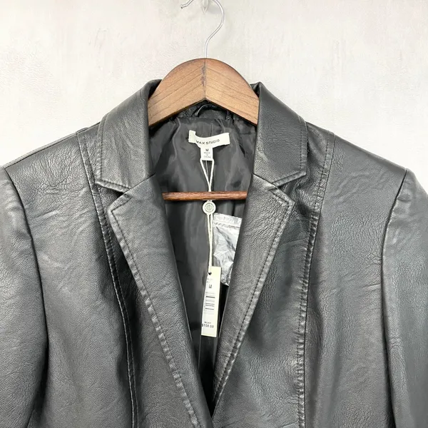 Max Studio Women Faux Leather Blazer Jacket Size M Black Sleek Indie Edgy Chic - Image 3