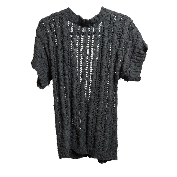 Free People Black Knit‎ Distressed Button Front Short Sleeve Cardigan Sweater - Image 2