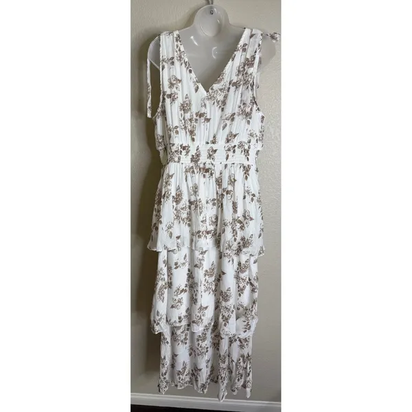 J. GEE Womens XL Maxi Dress Tan White Floral Tiered‎ Tie Shoulder Smocked NEW - Image 3
