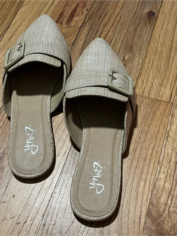 YNOT? Beige Woven Pointed Toe Mule Flats Size 8 | Buckle Accent Slip-On - Image 3