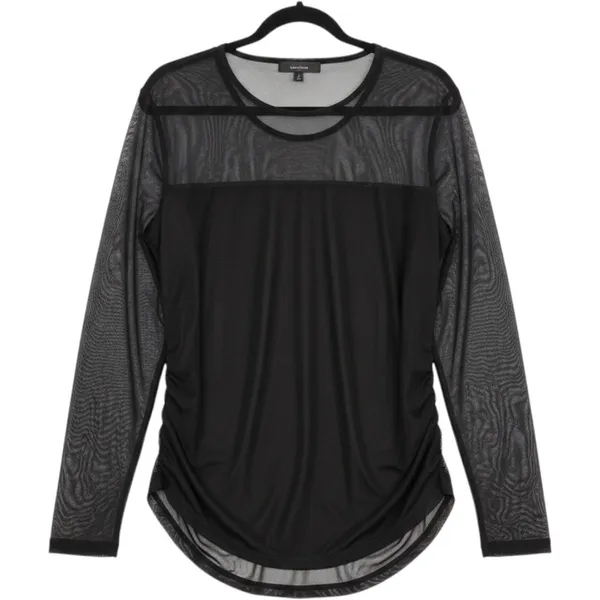 DKNY Mesh Layered Grunge Top Sheer Long Sleeve Black Ruched‎ Bodice Top Large - Image 2