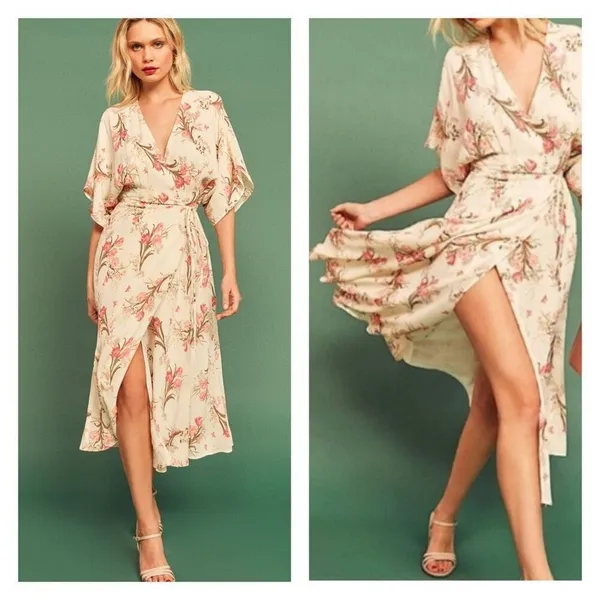 Reformation Karen Kimono Midi Wrap Dress Leila Floral Tulip Size‎ XS Cream Pink - Image 2