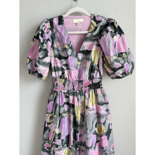 PINCH Watercolor Abstract Floral Midi Dress Smocked Puff Sleeve V-Neck Pink Sz M - Image 5