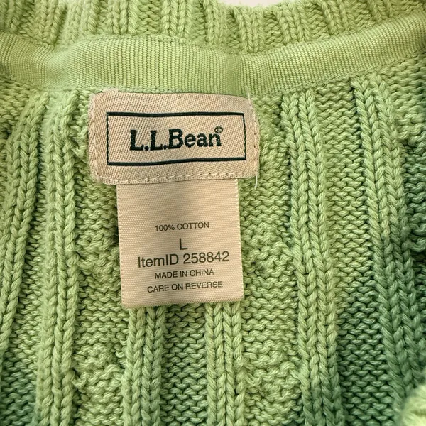 LL Bean Lime Green Cable Knit Cotton Button Up Cardigan Sweater Size LARGE - Image 8