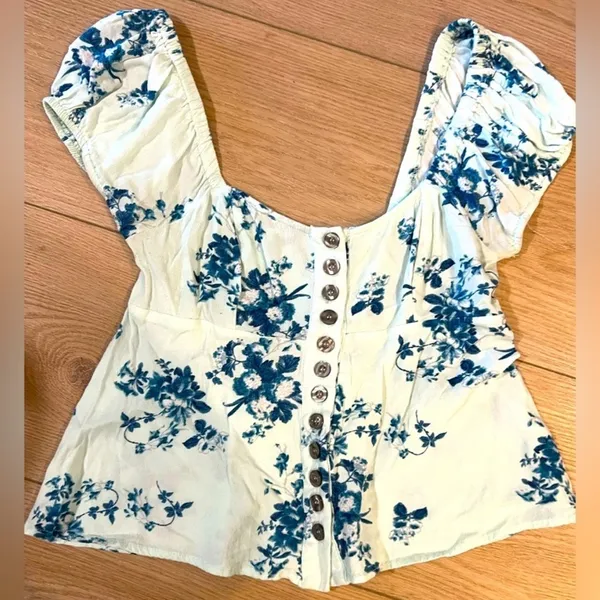 Free People Blue Floral Peasant Top XS Cottagecore Boho Puff Sleeve Babydoll - Image 12