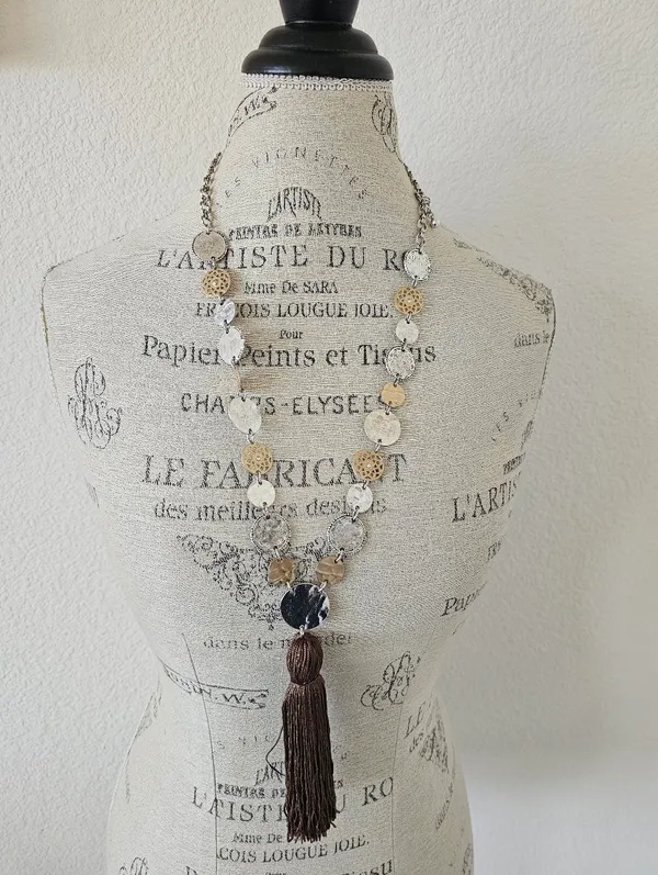 Chico's Mixed Metal Hammered Coin Tassel Statement Necklace - Image 2