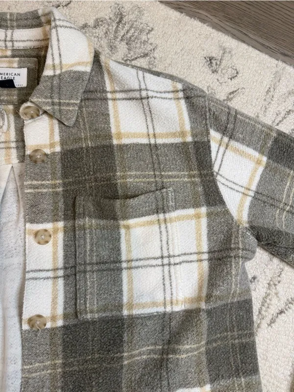 American Eagle Plaid Button Front Shacket XS | Gray & Ivory | Like New - Image 3