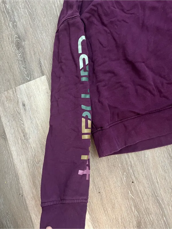 Carhartt Tencel Sweatshirt Womens Large Burgundy Loose Fit Cropped Sleeve Logo - Image 10
