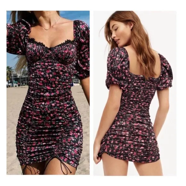 For Love and Lemons Melrose Mini Dress Medium Floral Puff Sleeve Ruched Corset - Image 14