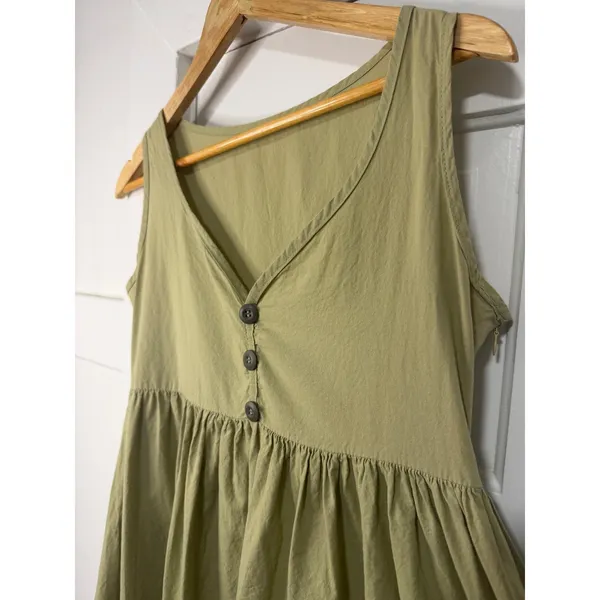 Vintage Olive Green 100% Cotton Sleeveless V-Neck Babydoll Mini Dress - Image 3