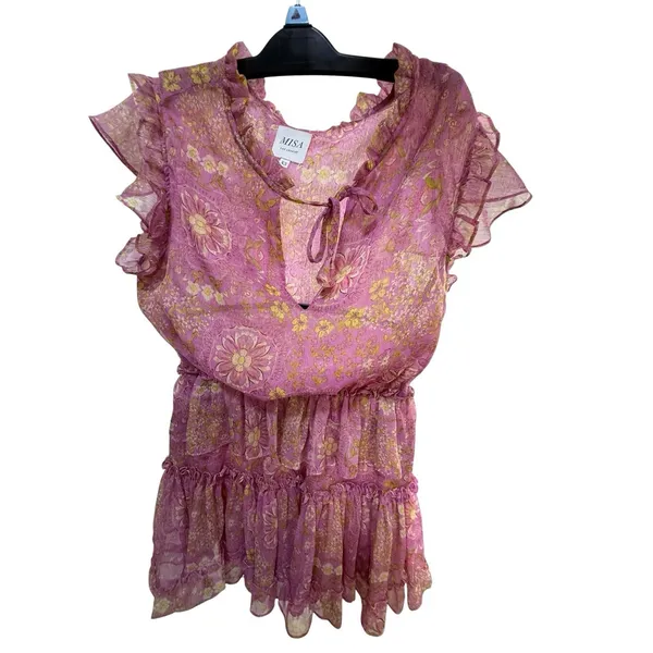 MISA Los Angeles Lilian Women's XS Pink Yellow Floral Ruffle Tiered V-Neck Mini - Image 5