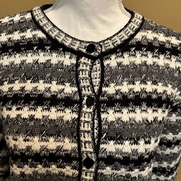 Talbots Cardigan Sweater Medium‎ Black White Gray Textured Knit Button Front - Image 3