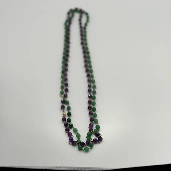 Purple Green faceted Bead 2 Necklace Set Layered Boho Statement Gold Tone 34" - Image 5