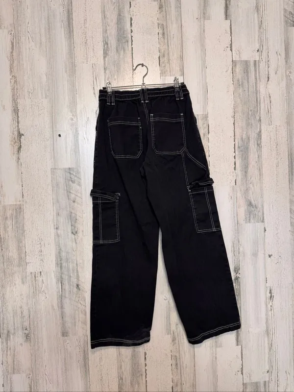 Almost Famous Black Wide Leg Contrast Stitch Cargo Pants Womens Medium Elastic W - Image 2