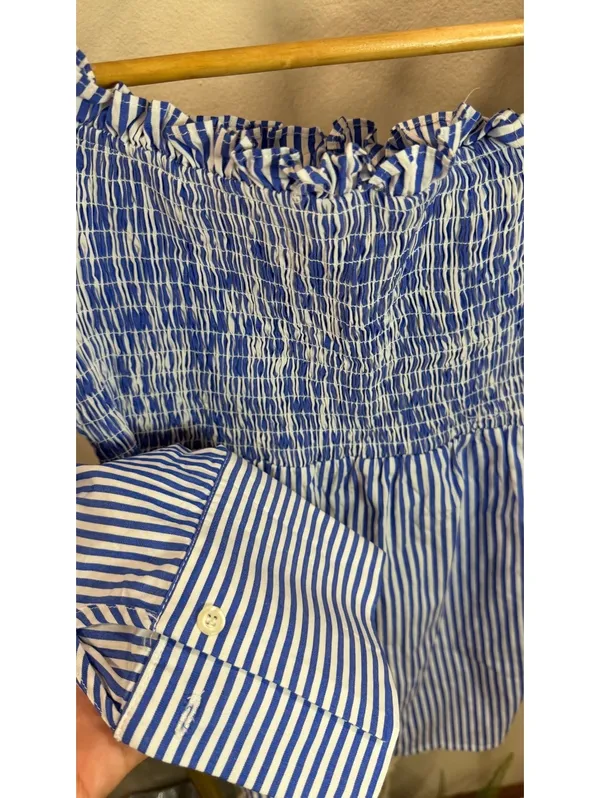 Size M Blue & White Striped Smocked Off-the-Shoulder Top - Image 2