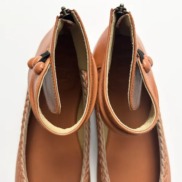 NEW ELF Muse Ankle Strap Leather Ballet Flats Dark Tan Braided Trim Zip Back 8.5 - Image 5