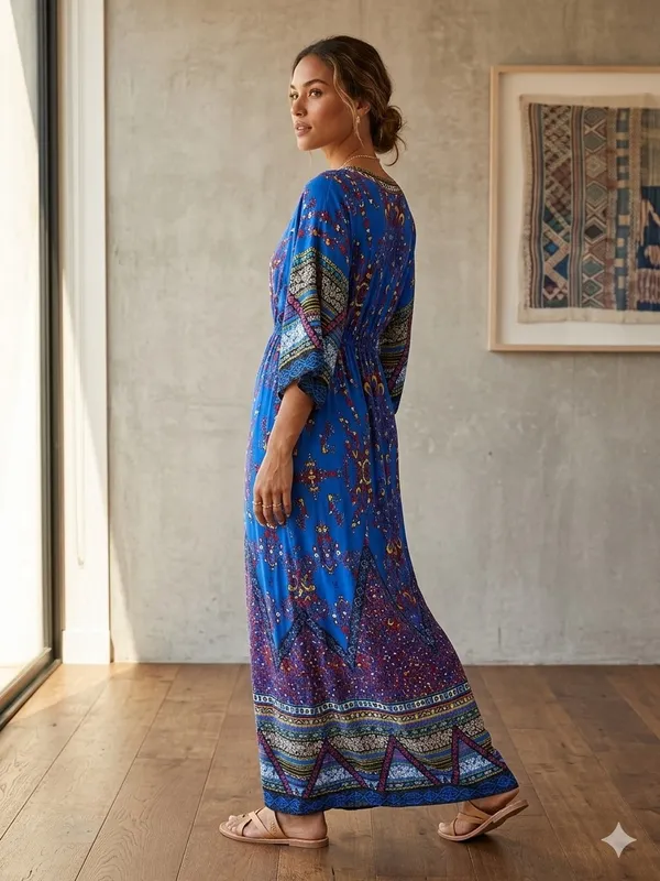 Flying Tomato V Neck Boho Aztec Festival Bold Whimsical Maxi Dress Size Medium. - Image 2