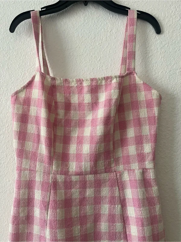 Cider Square Neck Pink Check Split Mini Dress Small‎ - Image 3
