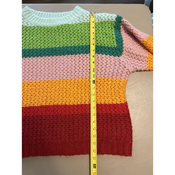 FARM Rio Women’s S Multicolor Rainbow Stripe Open Knit Crewneck Sweater Wool - Image 9