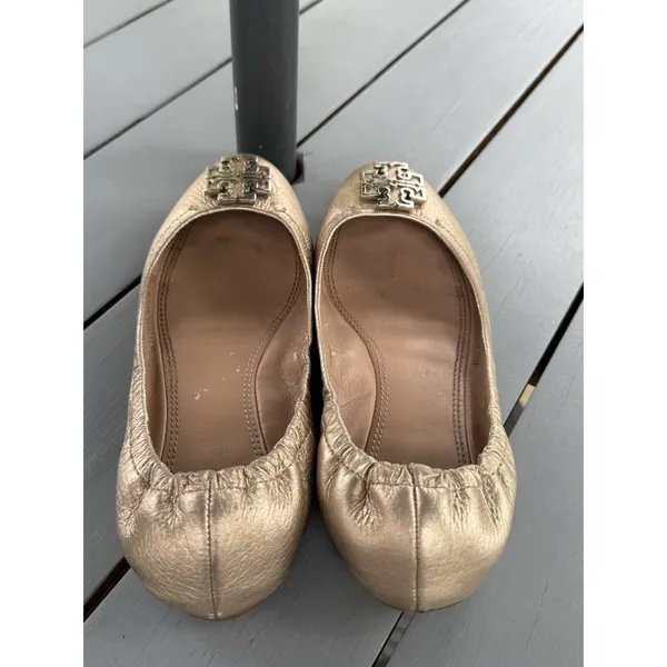 Tory Burch Melinda Ballet Flats Metallic Gold Leather Double T Logo Size 7.5 M - Image 3