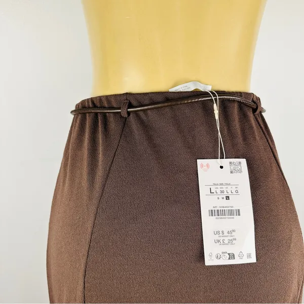 New Zara Loose Maxi Skirt Sz L Brown Flowy Belted Pull On Lightweight NWT - Image 5