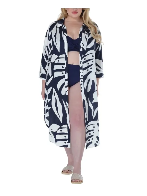 NWT Raviya Printed Button-Down Cover Up Dress 76731XPT Navy / White Multi 1X - Image 4