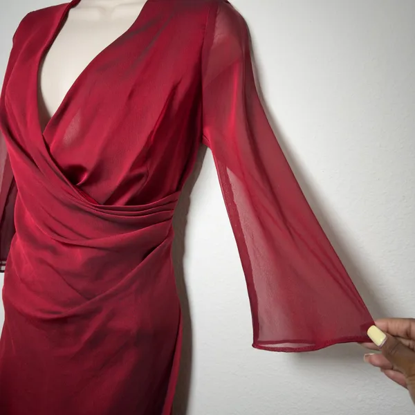Donna Ricco Women Babydoll Dress Red Sheer Ruched Midi Burgundy Draped Flare - Image 5