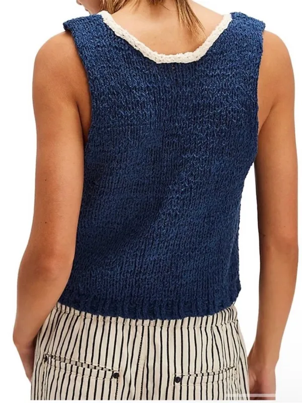 Free People XS Sicily Sweater Shell Navy Nautical Beach Coastal Knit Relaxed - Image 4