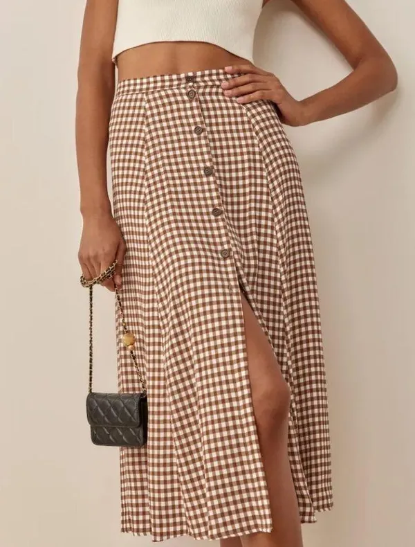 💕REFORMATION💕 Hermosa Skirt ~ Chestnut Check 12 NWOT - Image 4