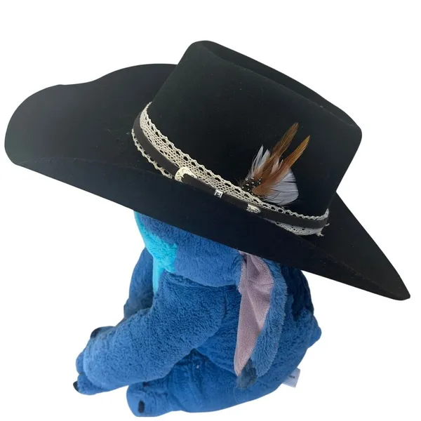 Black Felt Cowboy Hat One Size 7 1/2 Western Wool Festival Hatband Cowgirl Vegan - Image 2