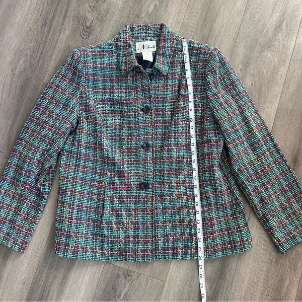 Vintage Women's Classic Multicolor Tweed Blazer 12 Blue - Image 7