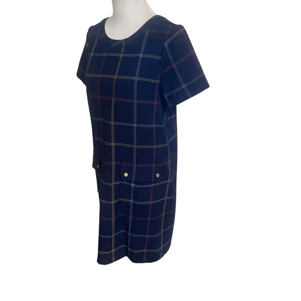 J. Crew Plaid Shift Dress Plaid Pocket Dress Short Sleeve Navy Sz 8 Preppy - Image 4