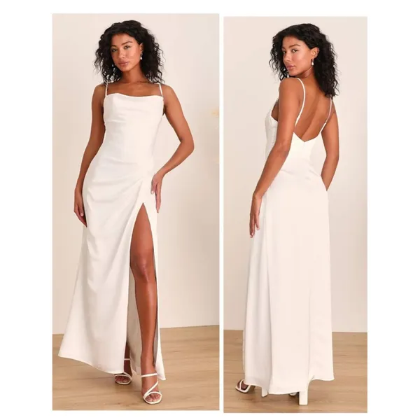 Lulus Here's to Love White Satin Backless Column Maxi Dress Size Large Wedding - Image 2