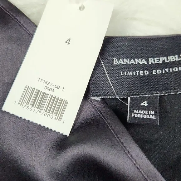 Banana‎ Republic -738 Faux Wrap Slip Dress Asymmetrical shoulder Black Satin 4 - Image 7