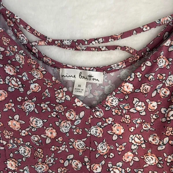 Nine Britton Floral Mini Dress Womens XL Burgundy Strappy V-Neck Sun Dress‎ - Image 2