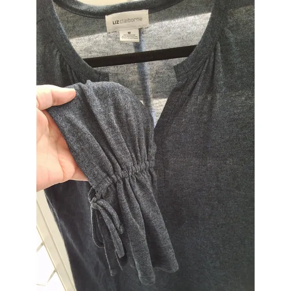 Liz Claiborne Women's M Blue Charcoal Split V-Neck Top Tie Cuff Blouse - Image 2