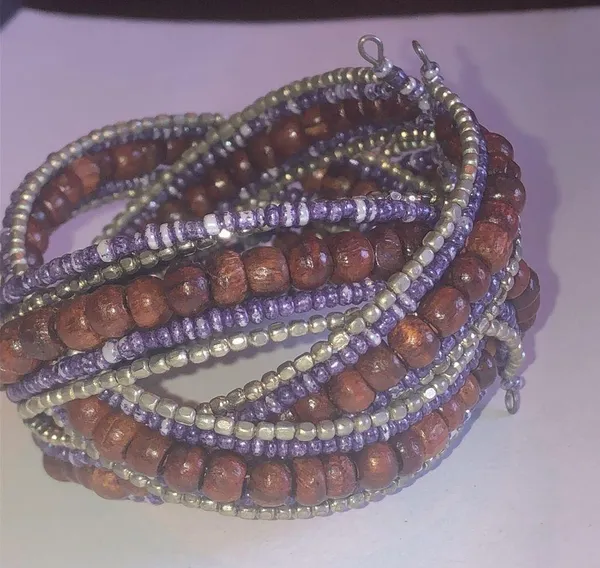 Wooden Beaded Brown & Purple Boho Wrap Cuff Bracelet - Image 5