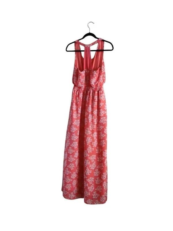 Tulle Coral-Pink Floral Sleeveless Maxi Dress with Waist Tie - Image 6
