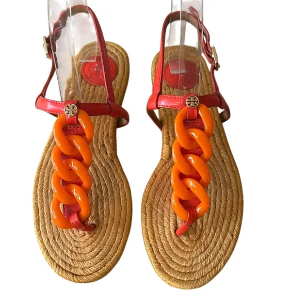 Tory Burch Everly Chain Link Espadrille‎ Sandals Orange Red 7 - Image 2