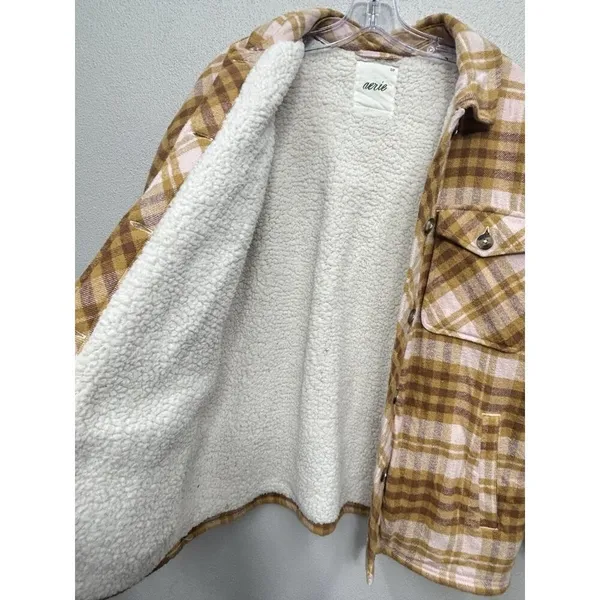 Aerie Womens Shacket Shirt Jacket Small Yellow Pink Plaid Flannel Sherpa Lined - Image 8