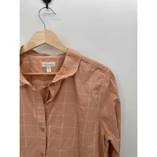 Garnet Hill Womens 12 Salmon Pink Windowpane Plaid Organic Pima‎ Cotton Shirt - Image 4