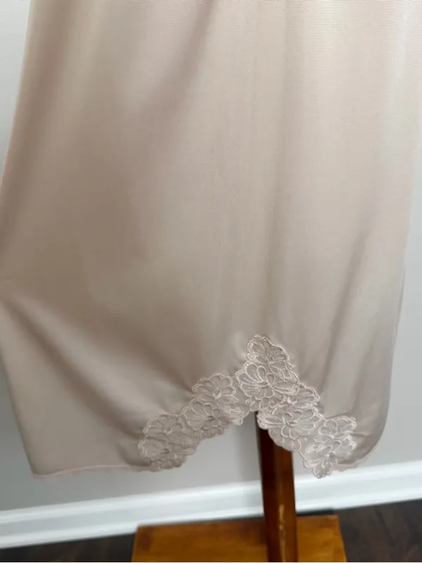 Vintage Slip Nighty Dress Mini Embroidered Flower Trim Nude Beige Blush Pink - Image 4