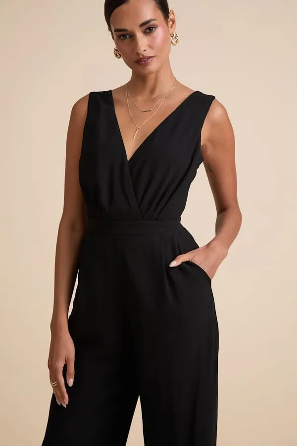 Lulus Kiska Black Lace Plunge V-Neck Wide Leg Jumpsuit Sleeveless Size Large - Image 2