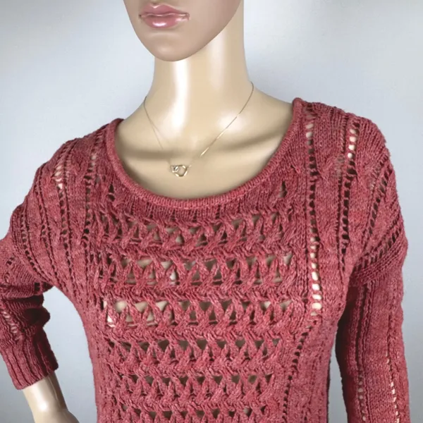 Red/Orange Crochet Knit Sweater Women's Open Weave Boat Neck 3/4 Sleeve‎ - Image 2