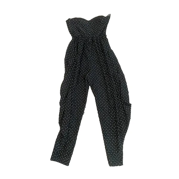 Vtg Diamonds Run Jumpsuit Black Polka Dot Strapless‎ Sweetheart Harem Retro XS - Image 6